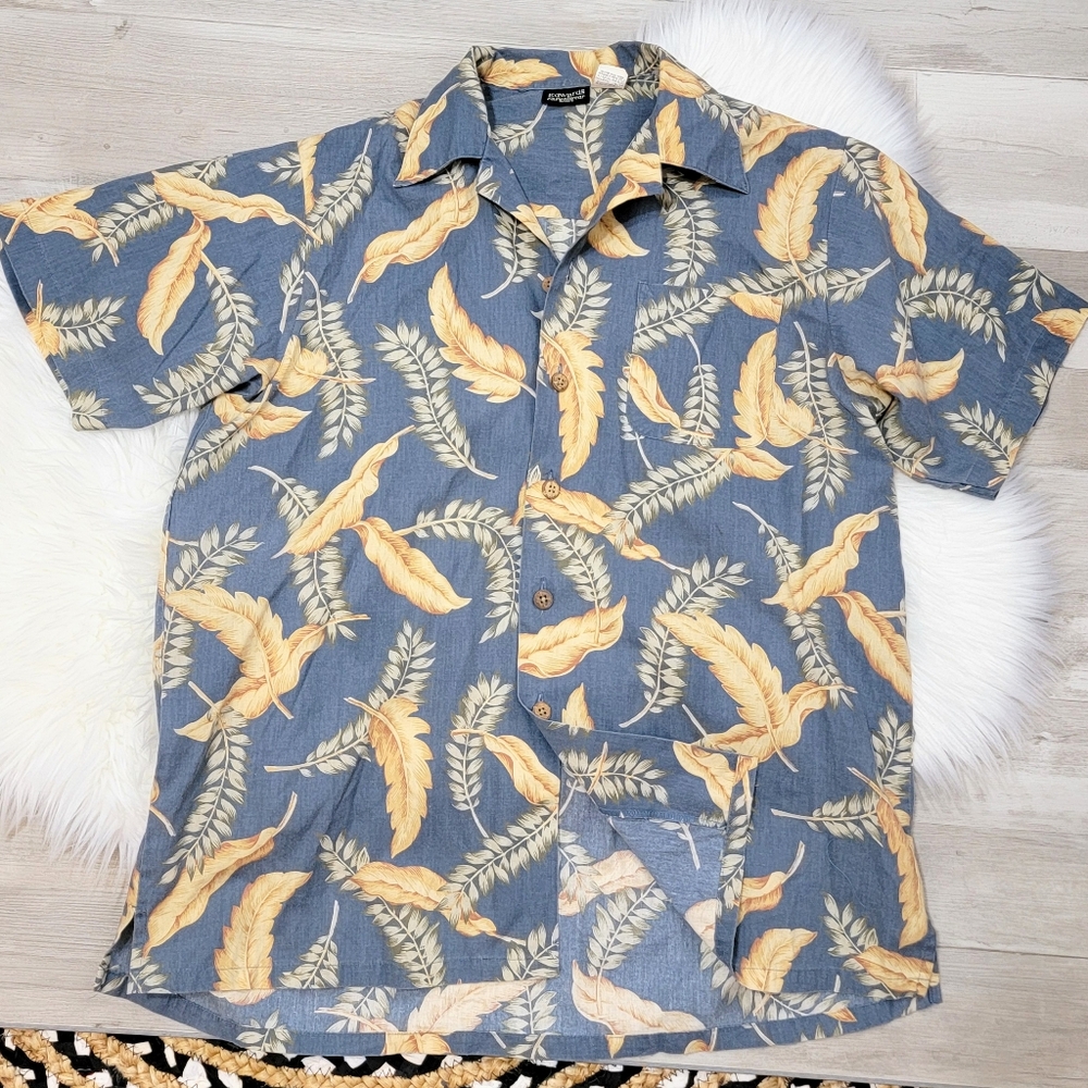 Vintage Edward's Casual Wear Steel Blue Tropical Button Shirt Men's Size Medium